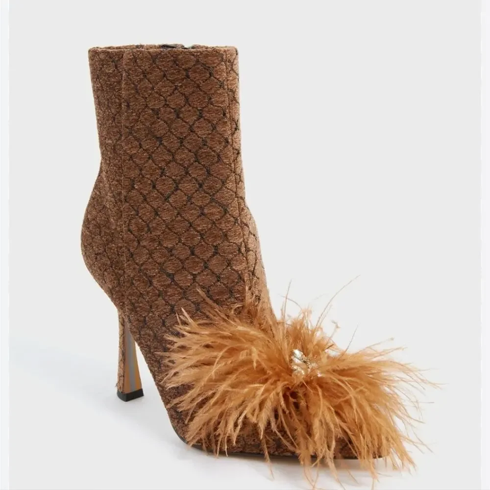 Sam Edelman Ency Feathered Ankle Booties Rhinestone Pointed Toe Brown Heeled 6.5